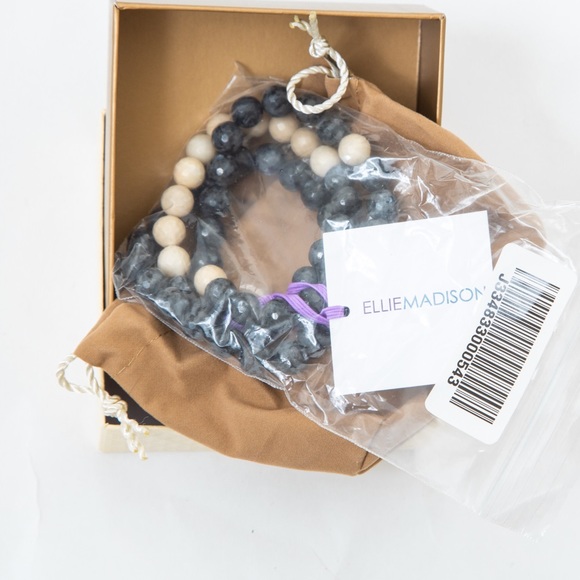 Set of 3 Labradorite beaded stretch bracelets black & cream by Ellei Madison L - Picture 13 of 14